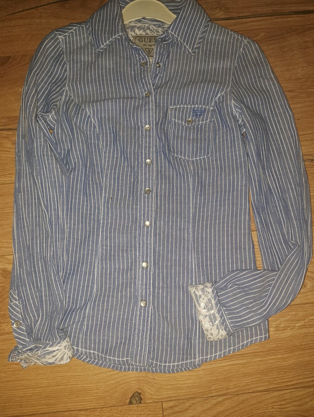 Guess Blue and White Striped Women Button-Down Blouse